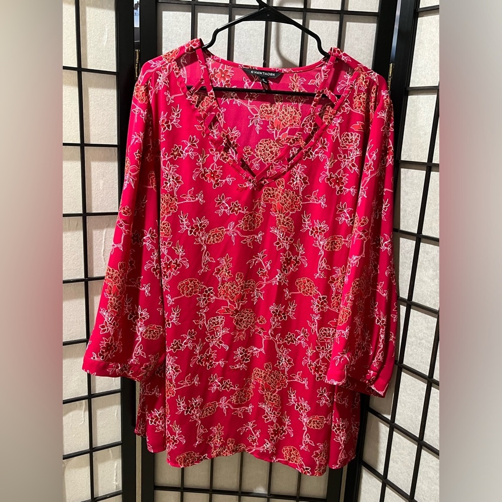 41 HAWTHORN MAGENTA Floral PRINT V-neck Blouse QUARTER SLEEVES WOMEN SIZE 3X
